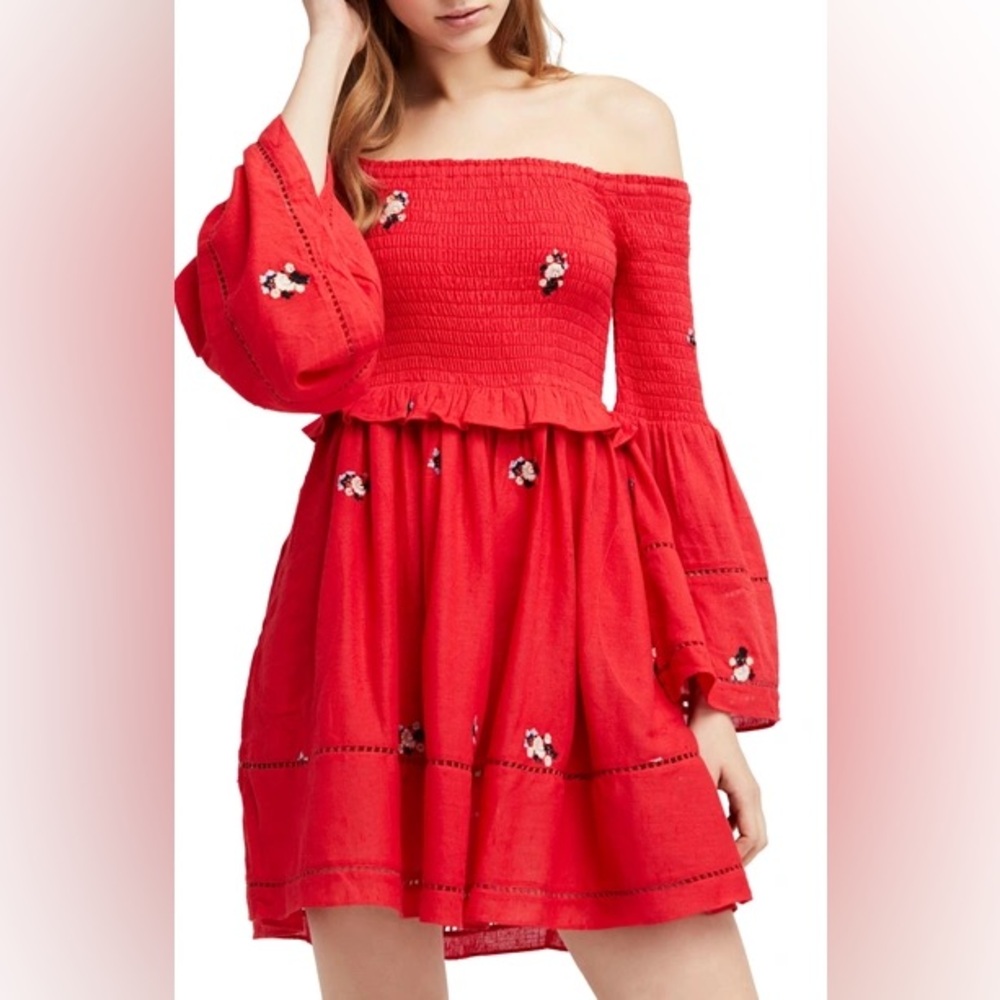 Free People Red 3/4 Sleeve Embroidered off shoulder dress